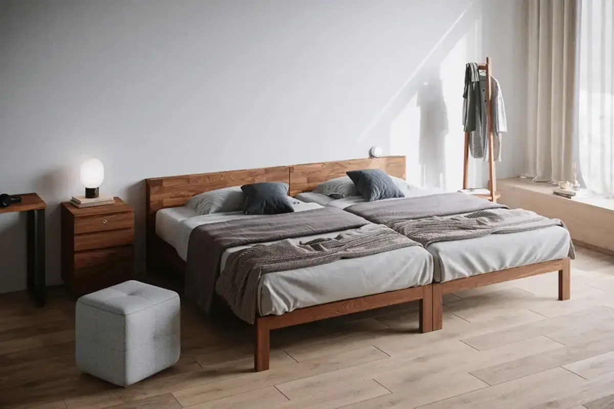 清潔な寝室空間と木製ベッド