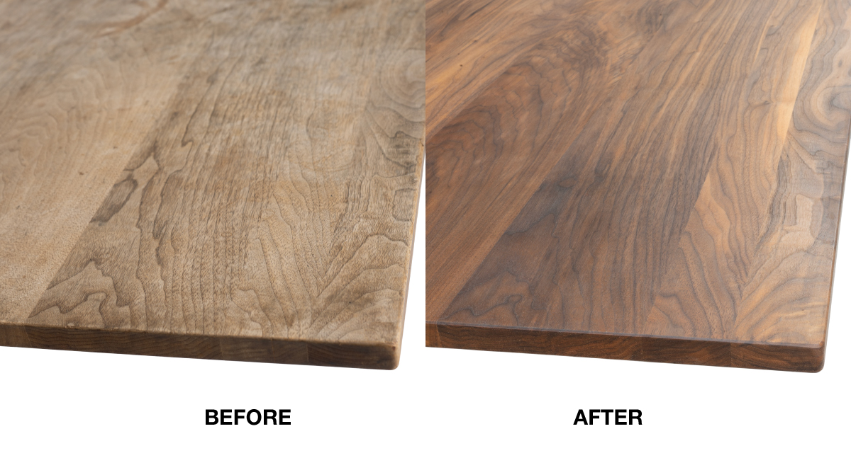 WILD WOOD DINING TABLEのメンテナンス前後の比較写真。木口・木目のアップ