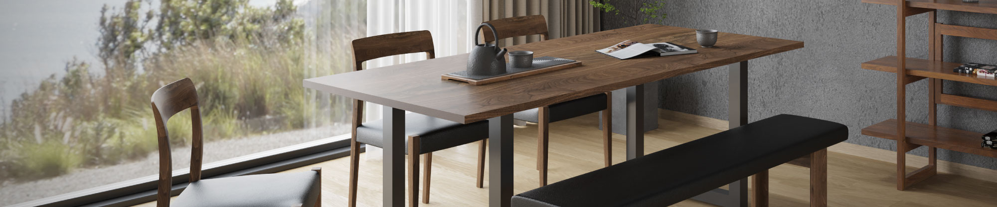 北欧デザインを取り入れたブランドのスタイリッシュなラインと無垢素材を組み合わせた高級角テーブル・長方形テーブルが、洗練と実用性を両立する空間を生む